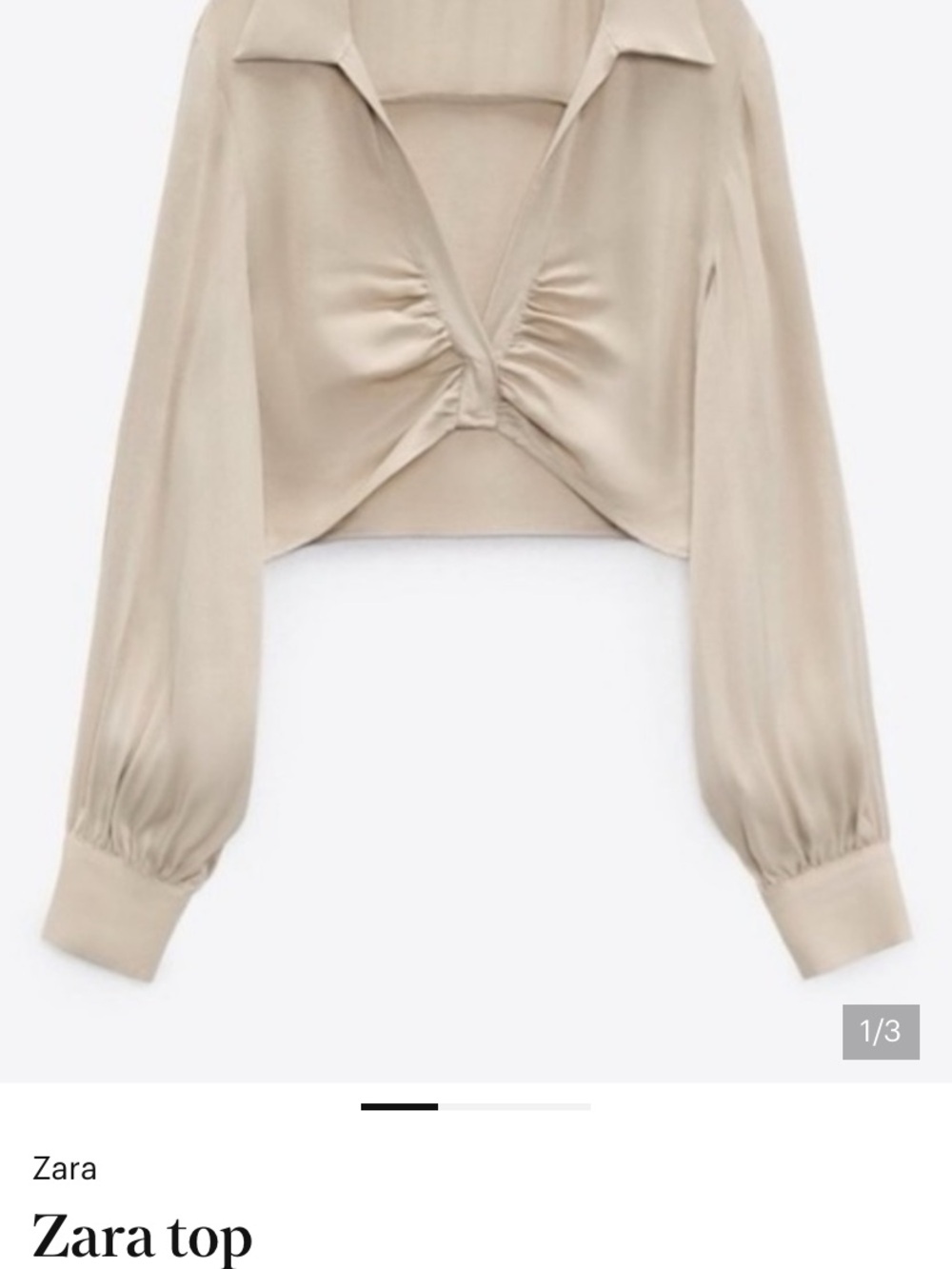 Zara Sand Beige Long-Sleeve Ruched V-Neck Crop Blouse M - Picture 5 of 5